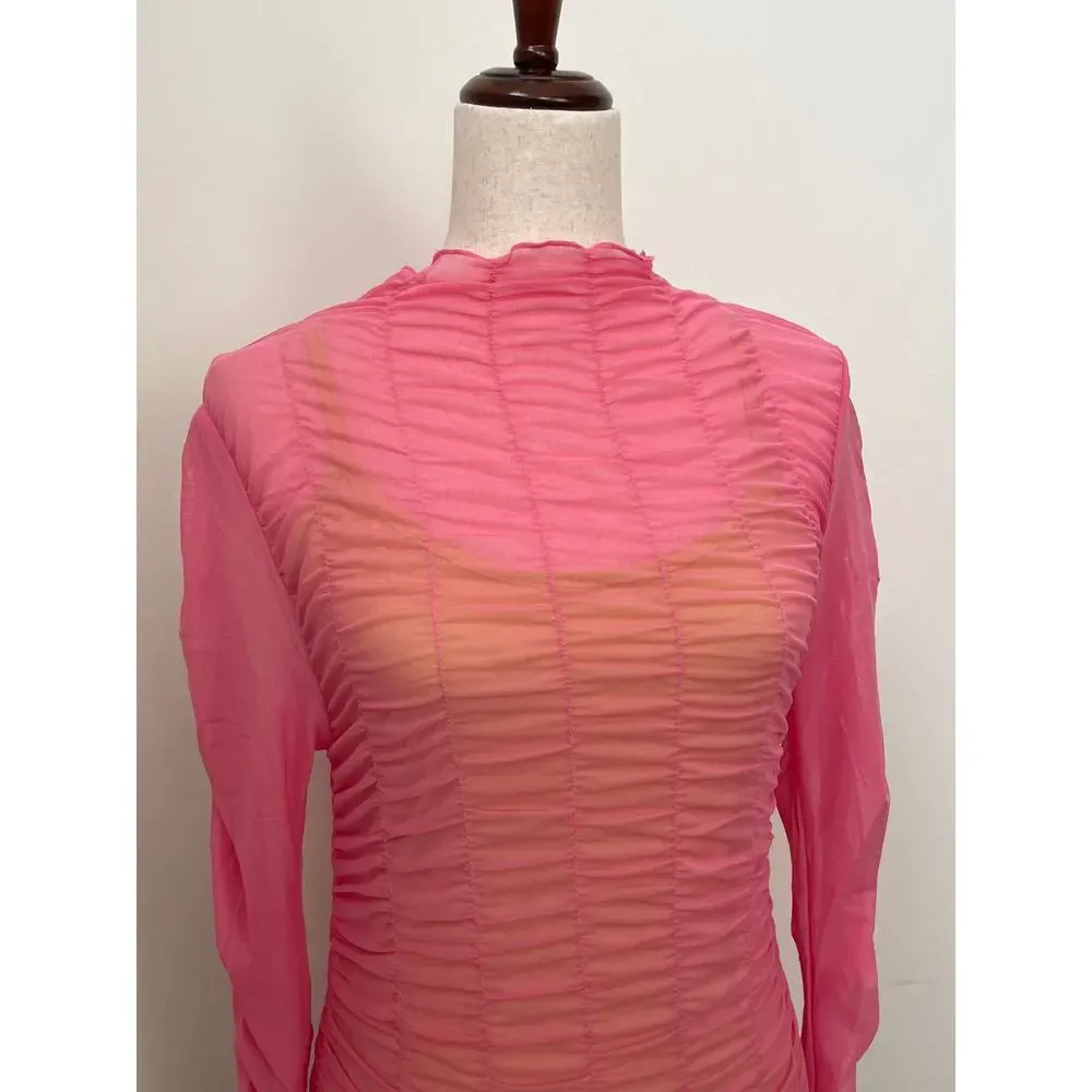 TOPSHOP Dress Size M 8/10 Hot Pink Sheer Layered Mesh Mini Ruched Long Sleeve